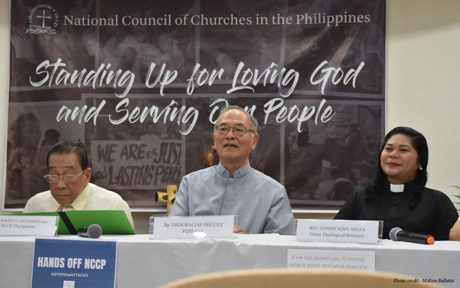 Philippine ecumenical church leaders at a press conference in Manila; from left to right – Justice Raul Victorino (Chairperson, NCCP), Bishop Deogracias Iñiguez (Roman Catholic Church), and Rev Dr Connie Semy P. Mella